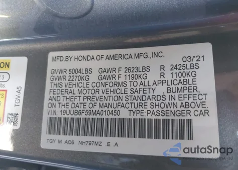 2021 Acura Tlx A-Spec Package из США, поврежденный, VIN 19UUB6F59MA010450